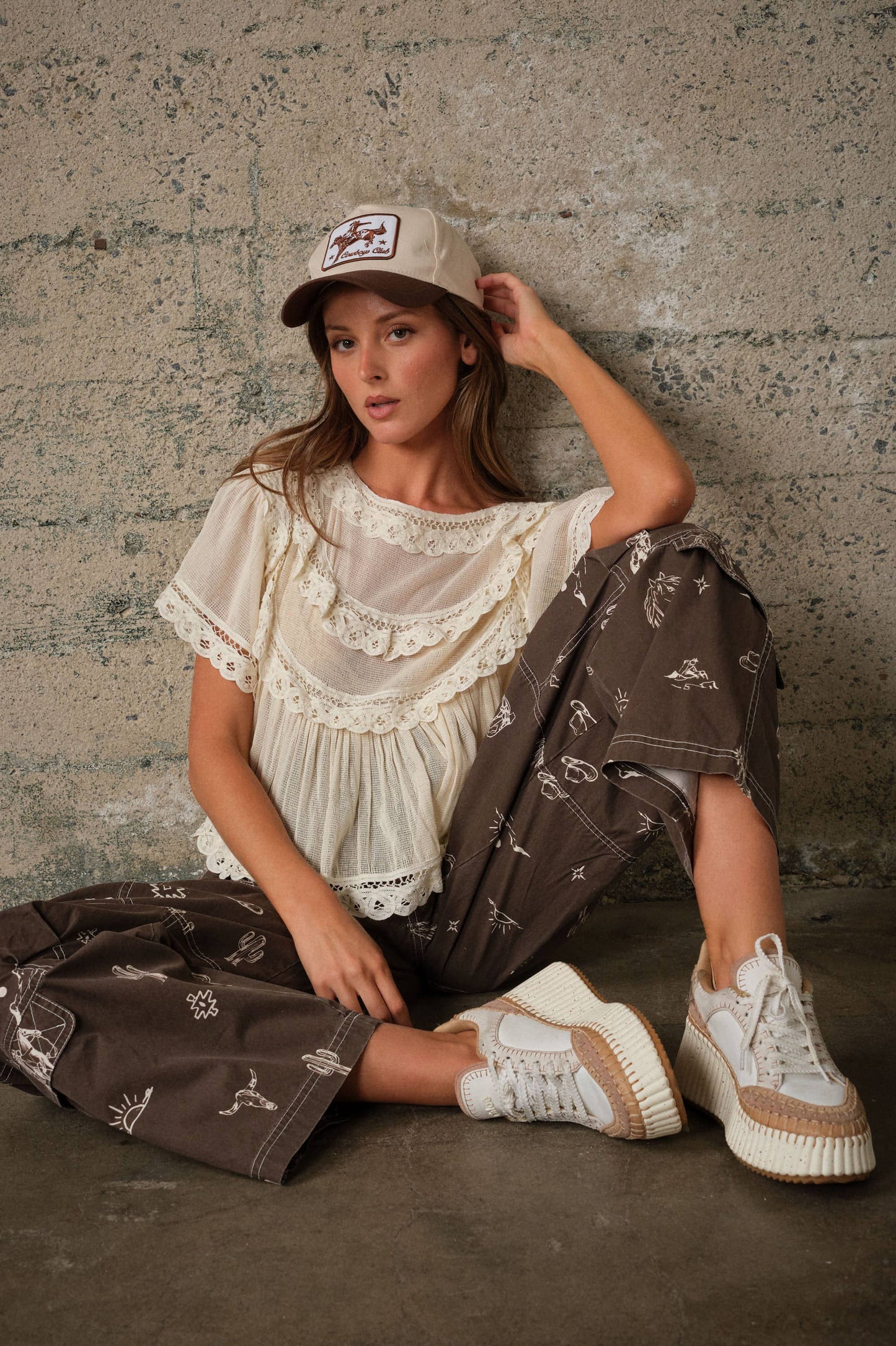 Blue B - 25157P Western Print Cotton Cargo Pants: CHOCOLATE / S-M-L (2-2-2)