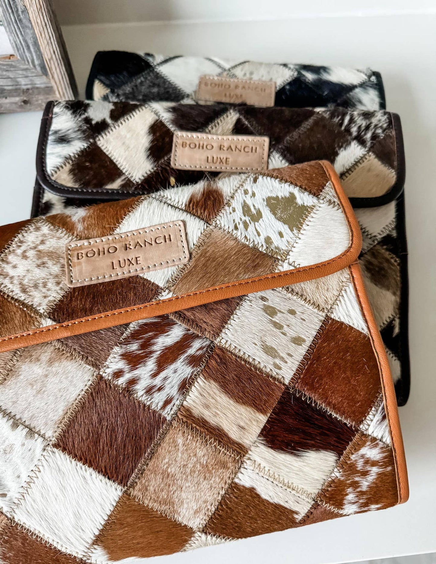 BOHO LUXE FOLDABLE travel makeup jewelry bag Genuine Cowhide: BROWN + WHITE
