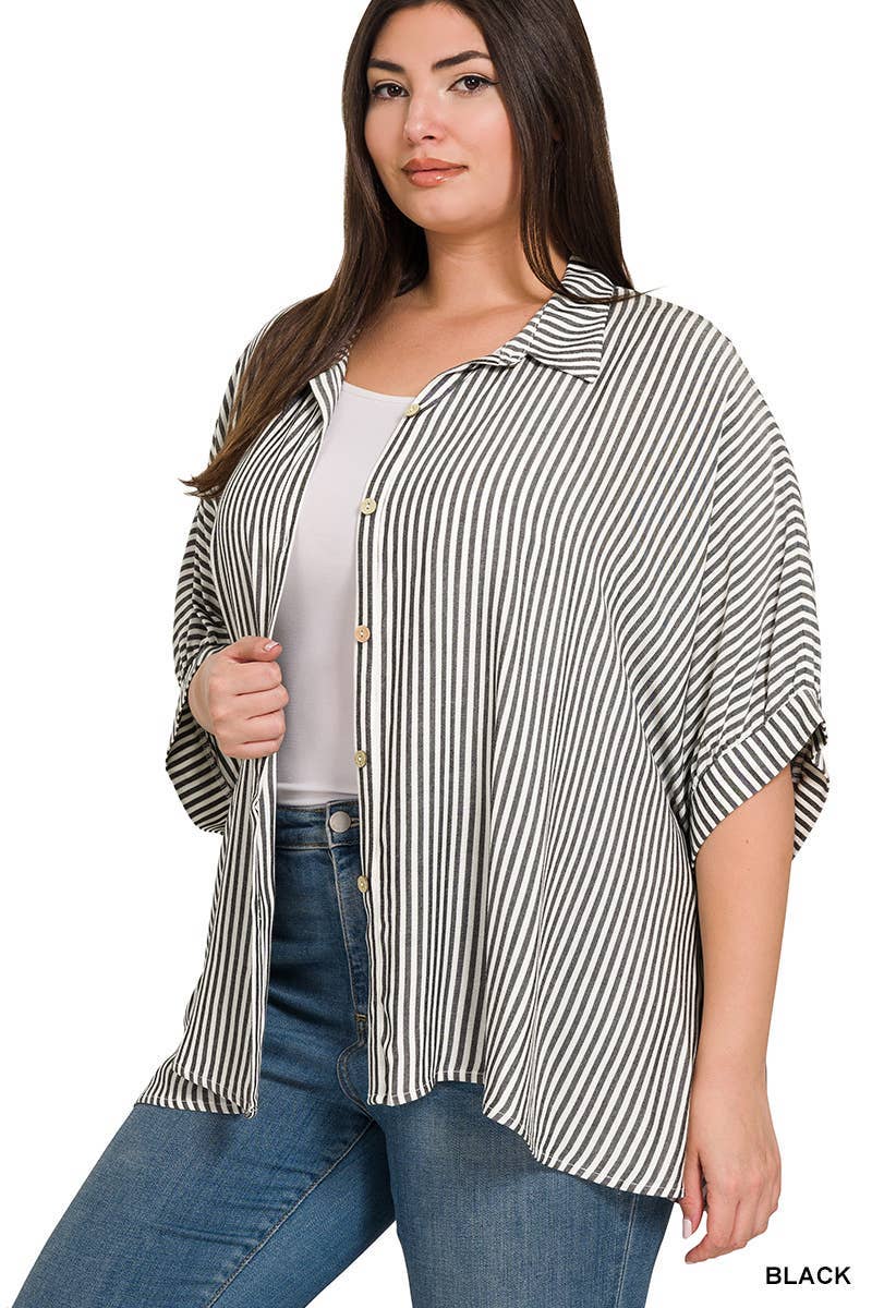 Vanilla Monkey - Plus Rayon Striped Short Sleeve Button Up Shirt: MOCHA / 3-3 (1XL/2XL-2XL/3XL)