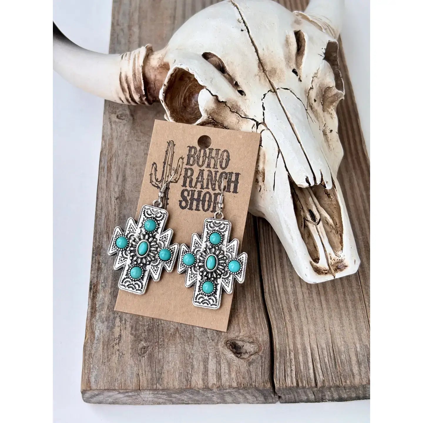 Western Style Aztec Cross Turquoise Stone Dangle Earrings: TURQUOISE STONE
