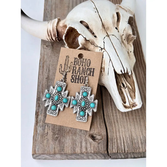 Western Style Aztec Cross Turquoise Stone Dangle Earrings: TURQUOISE STONE