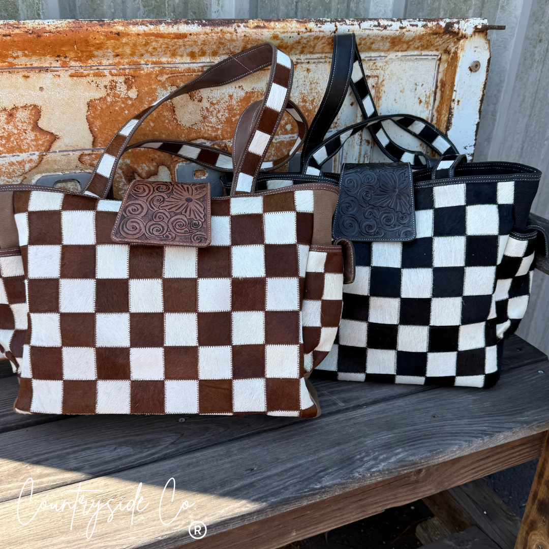 Countryside Co. - The Homestead Cowhide Checkered Tote Carryall: Black