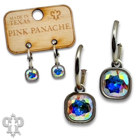 Square rhinestone charm hoop earring: Silver