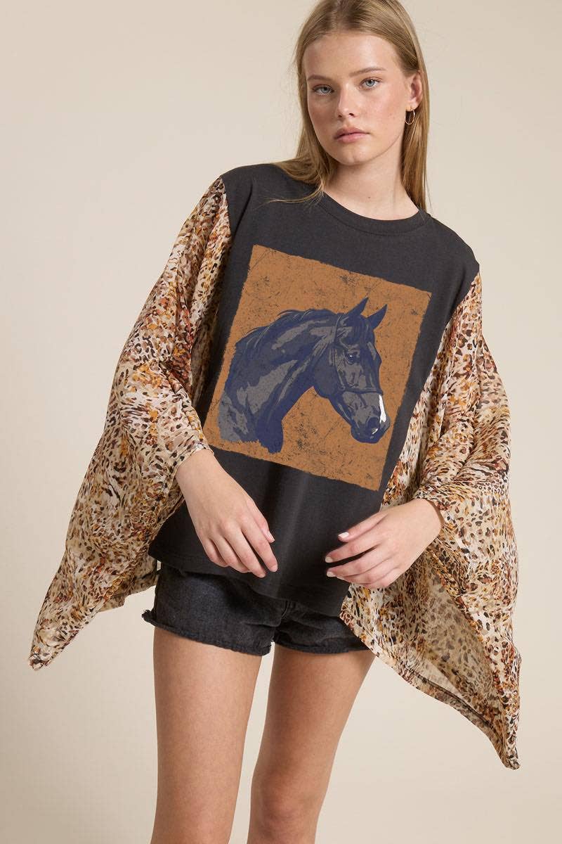 Zutter - Vintage Horse Artwork Graphic Kantha Top: DK BROWN / M