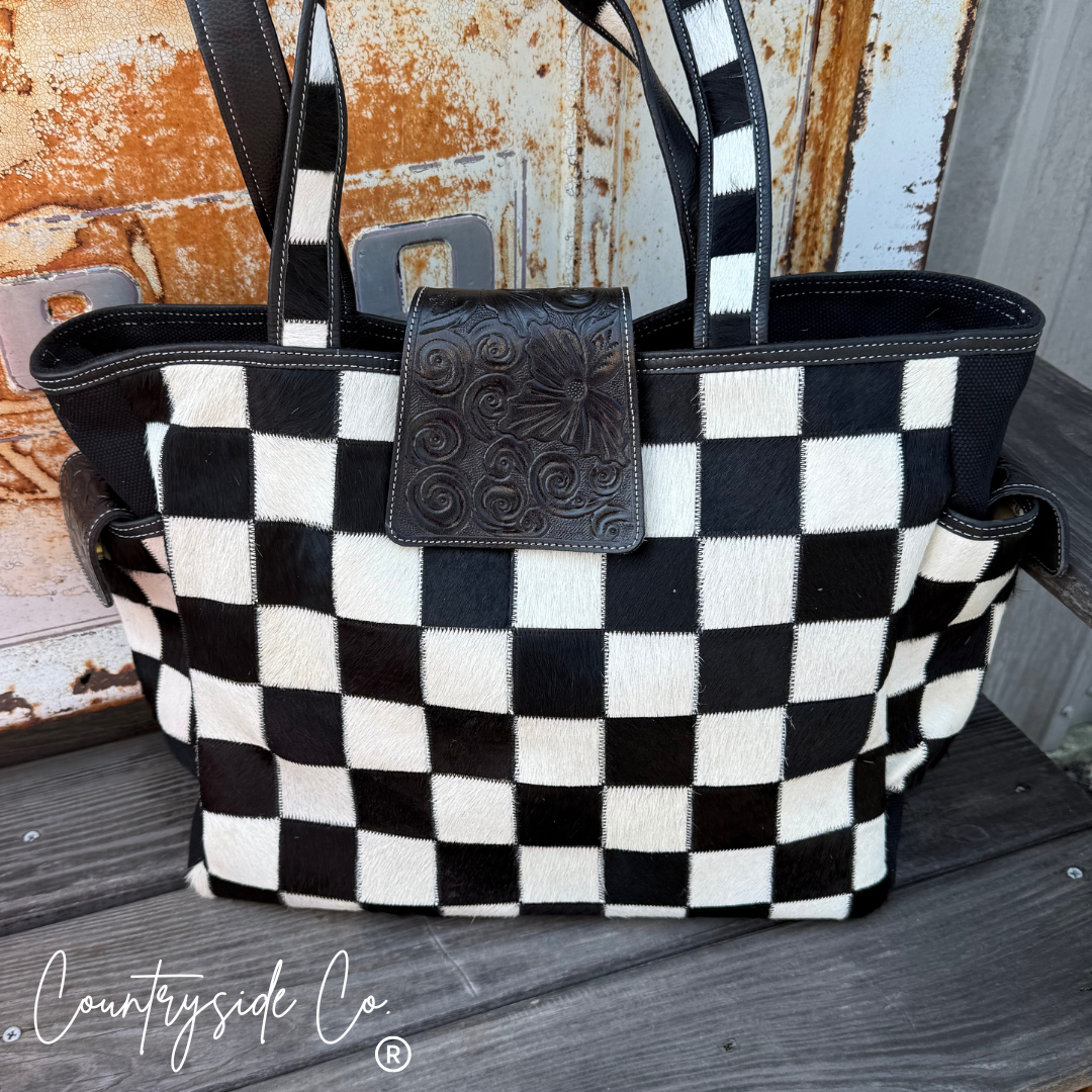 Countryside Co. - The Homestead Cowhide Checkered Tote Carryall: Black