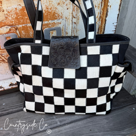 The Homestead Cowhide Checkered Tote Carryall: Black