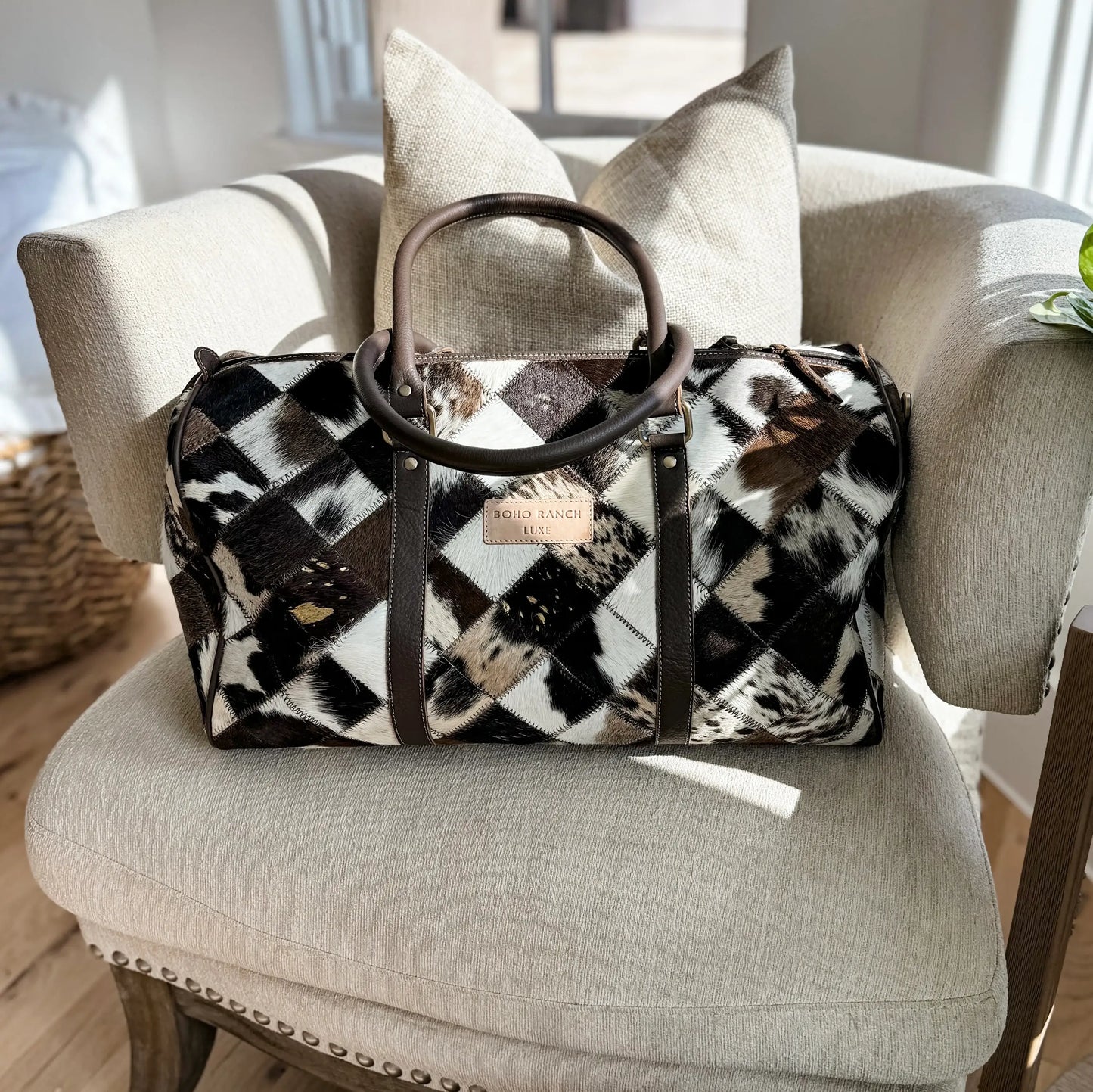 BOHO LUXE DUFFLE Weekender Leather HairOn Cowhide Travel Bag: Tan + White Cowhide