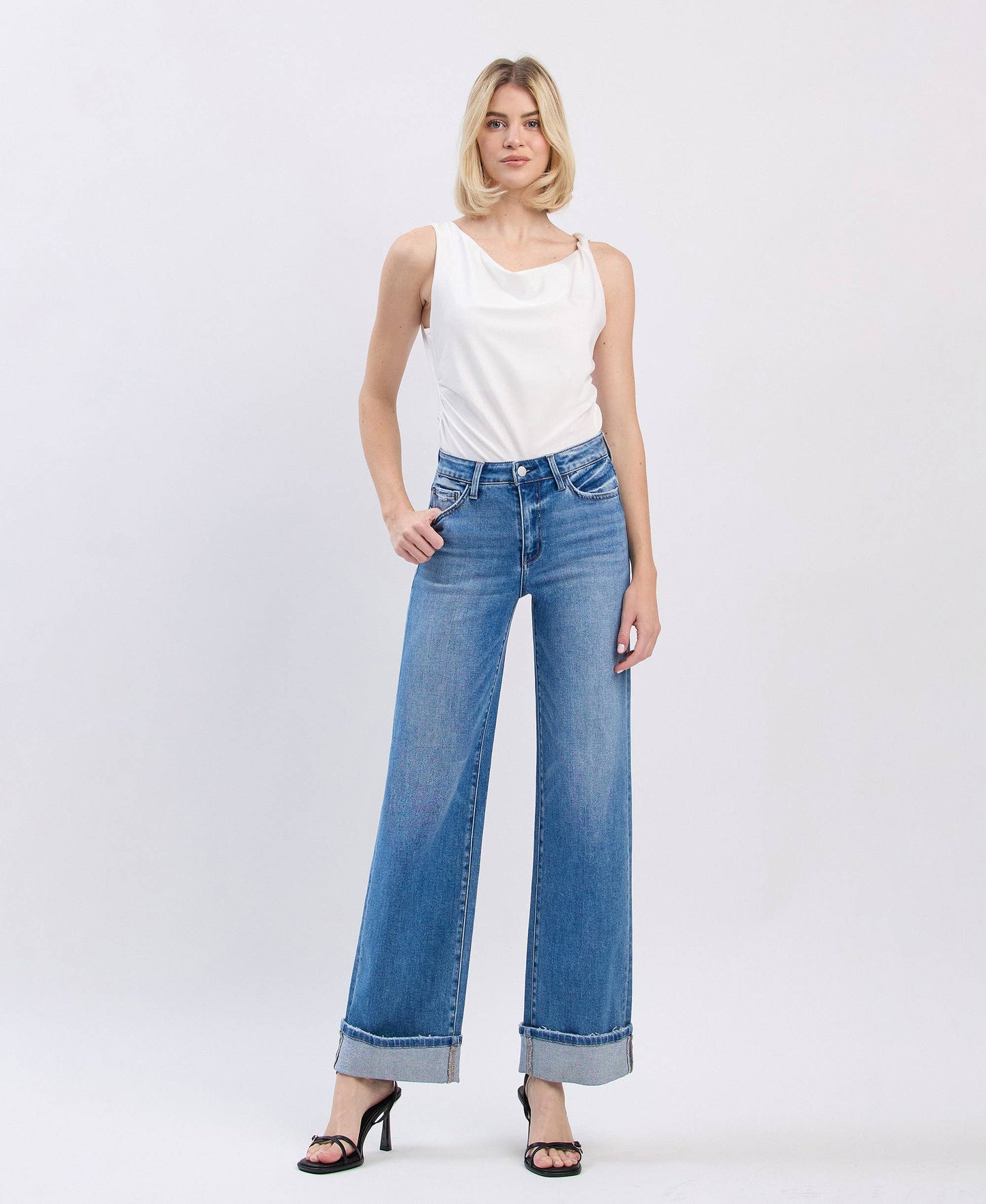 Westbury - High Rise Medium Wash Cuffed Wide Leg