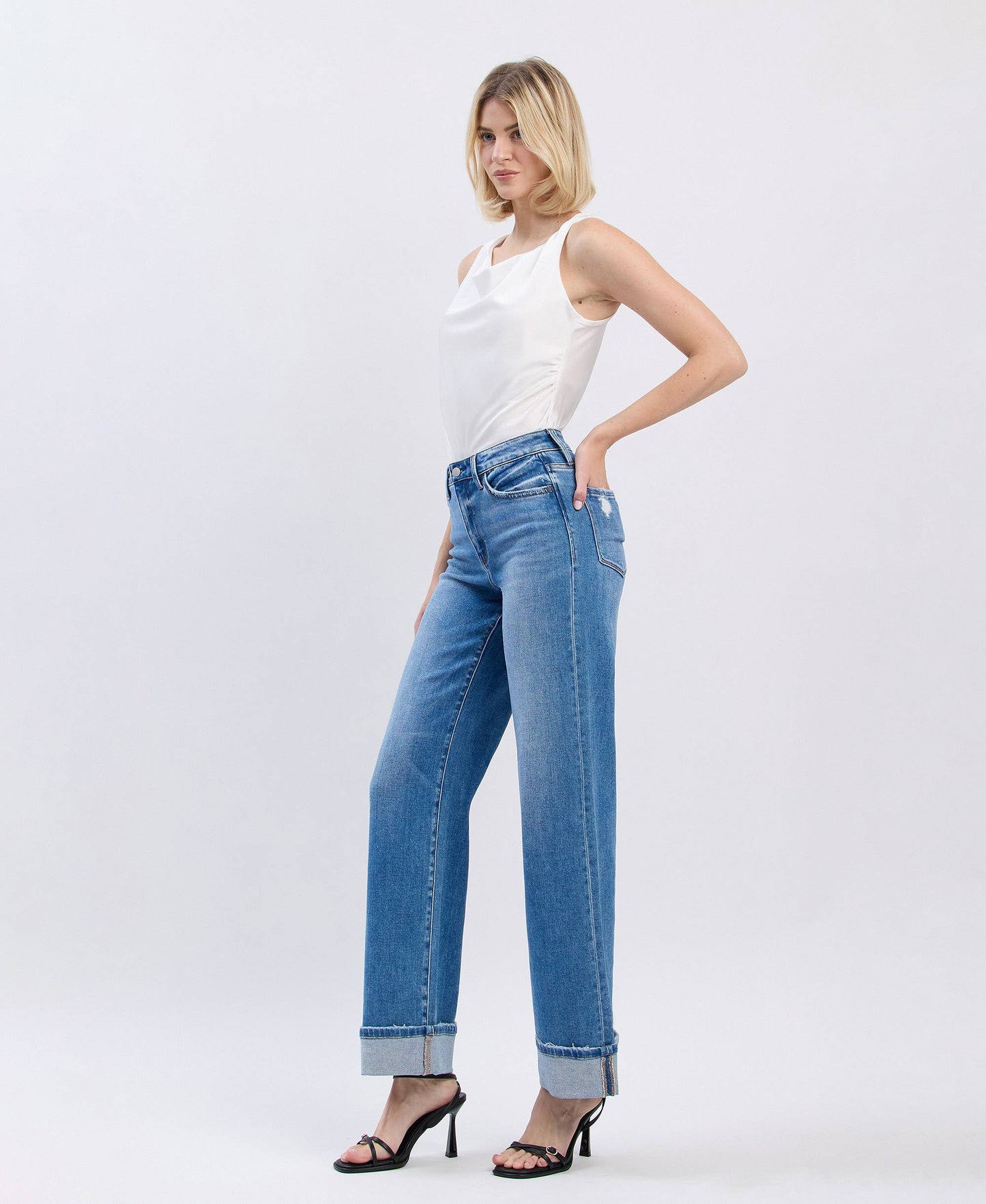 Westbury - High Rise Medium Wash Cuffed Wide Leg