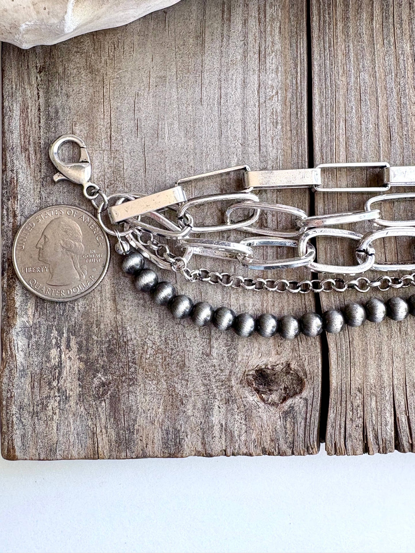 5 Layered Western Chunky Chain & Navajo Style Pearl Bracelet: Silver