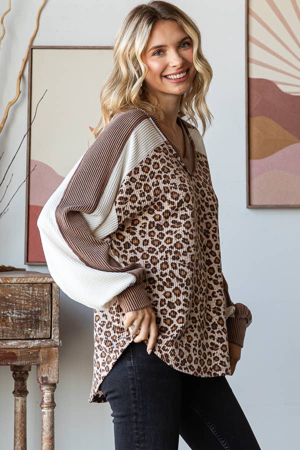 7th Ray - [PLUS SIZE] Animal Print V Neck Pullover Top T5777XL: Brown / 1X