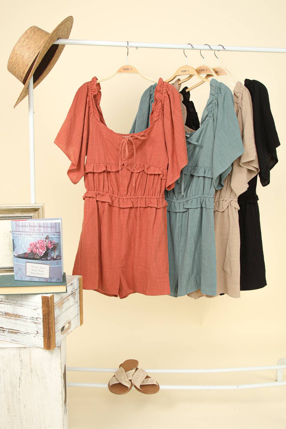 VERY J - NP70350-Sweetheart Neckline Casual Solid Woven Romper: RUST / S-M-L/2-2-2