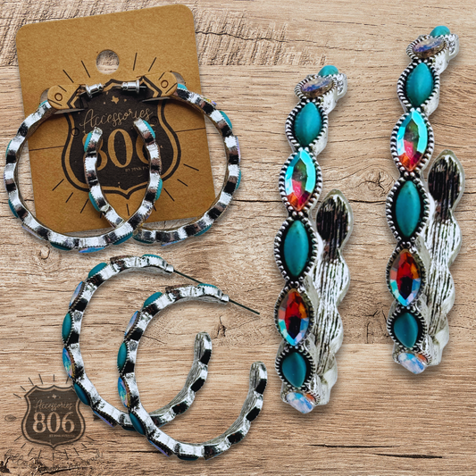 Western rhinestone and stone hoop earring: Turquoise