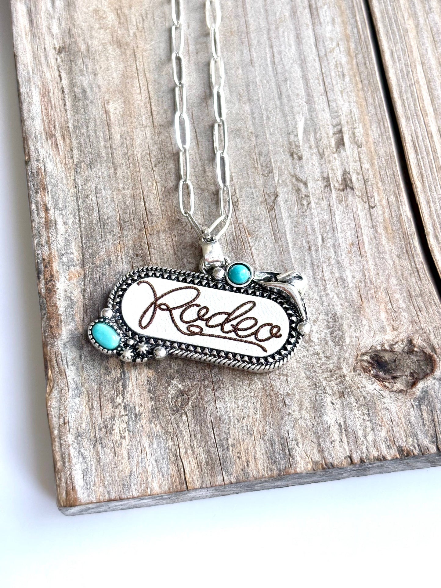 Boho Ranch Shop - Western RODEO Print Stone Pendant Chain Necklace: Turquoise