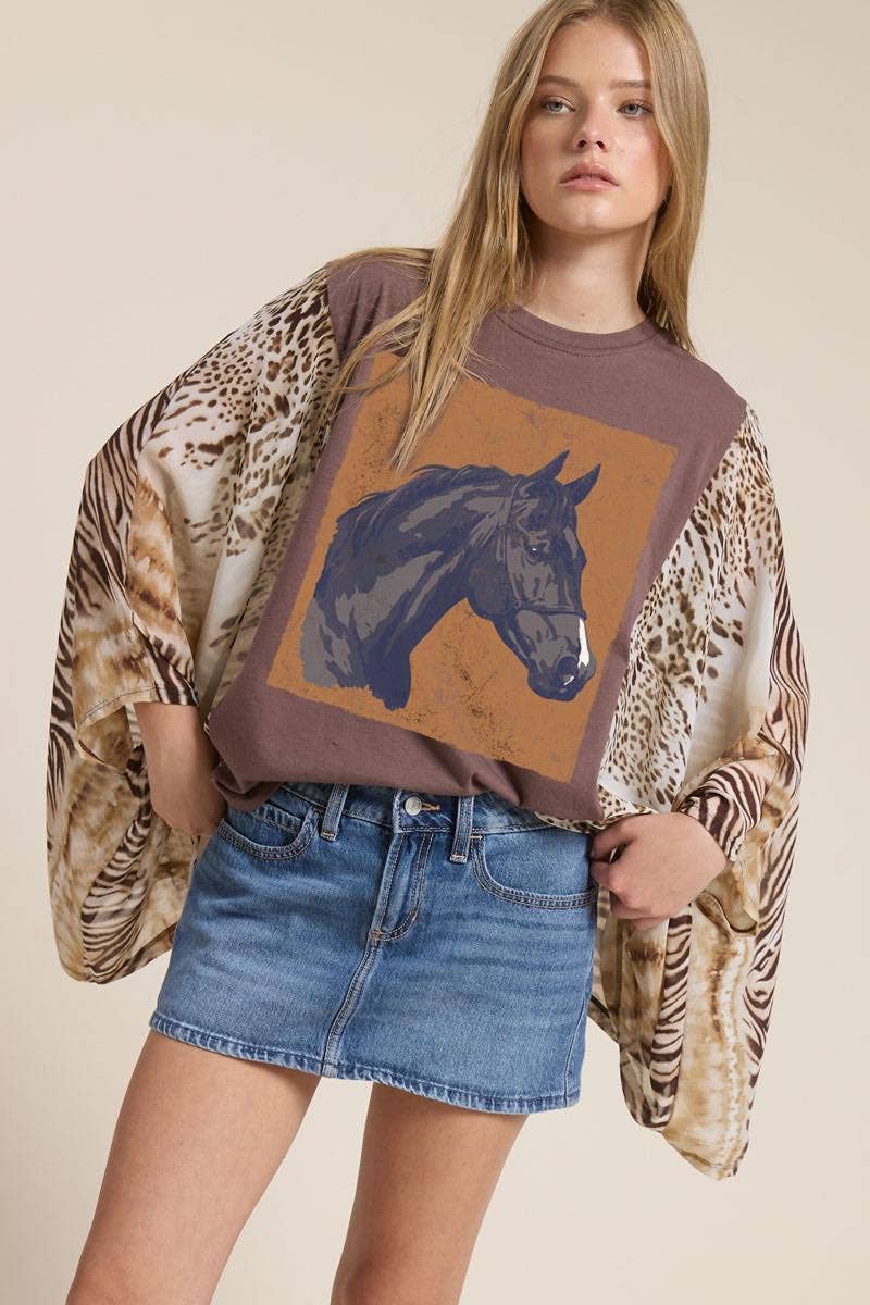 Zutter - Vintage Horse Artwork Graphic Kantha Top: DK BROWN / S