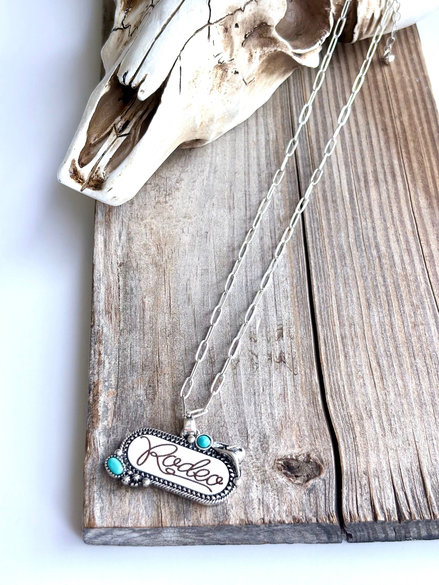 Boho Ranch Shop - Western RODEO Print Stone Pendant Chain Necklace: Turquoise