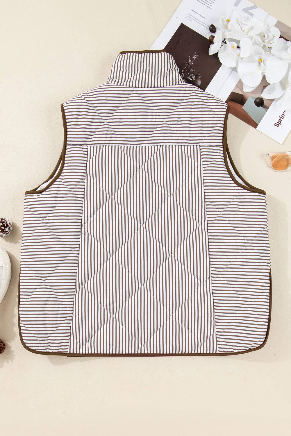 PRETTY BASH - Plus Size Stripe Quilted Snap Button Vest: Brown Stripe / 3X