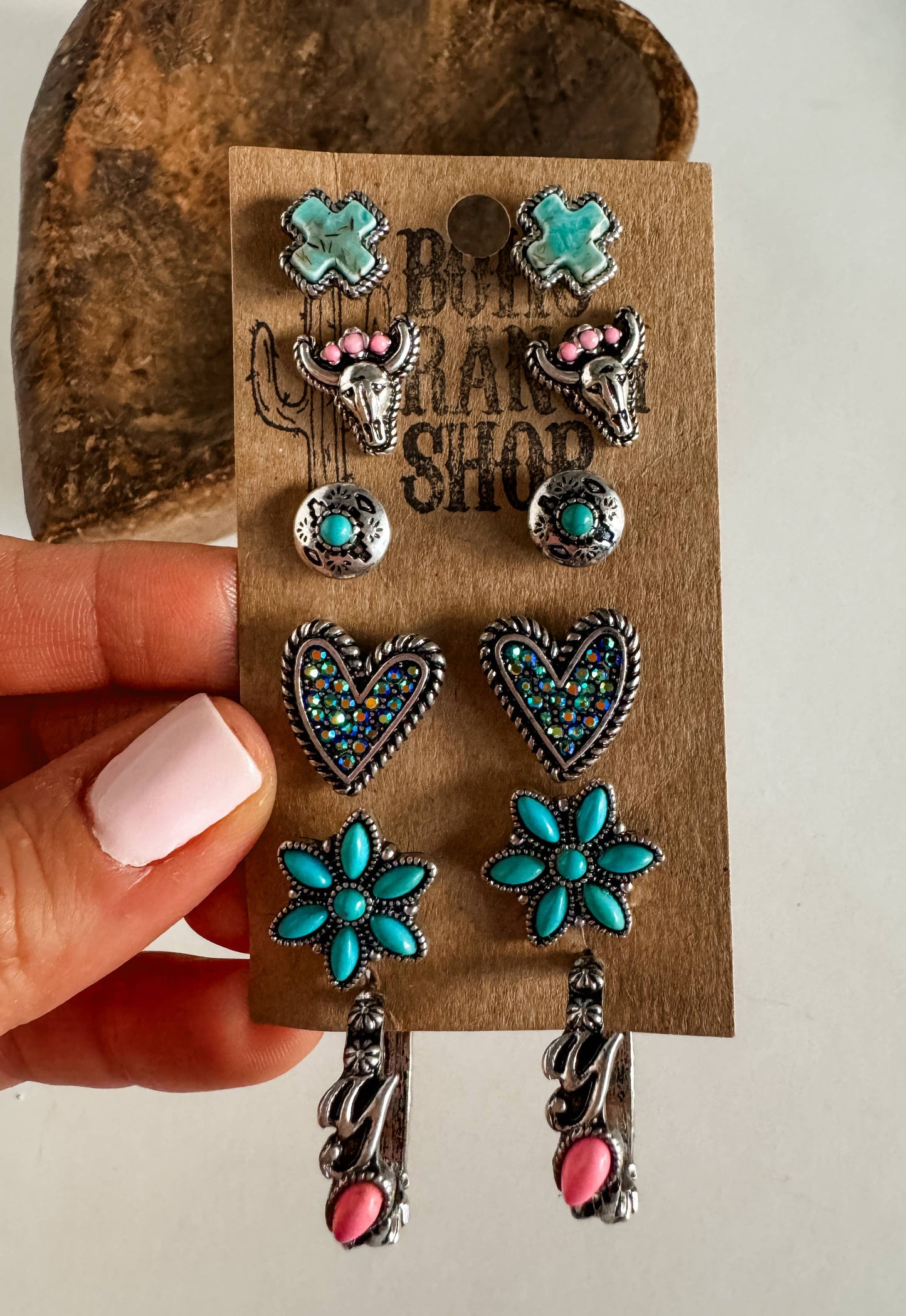Boho Ranch Shop - 6 Pair Western Navajo Style Rhinestone Stud Stud Earring Set: PINK/ TURQUOISE