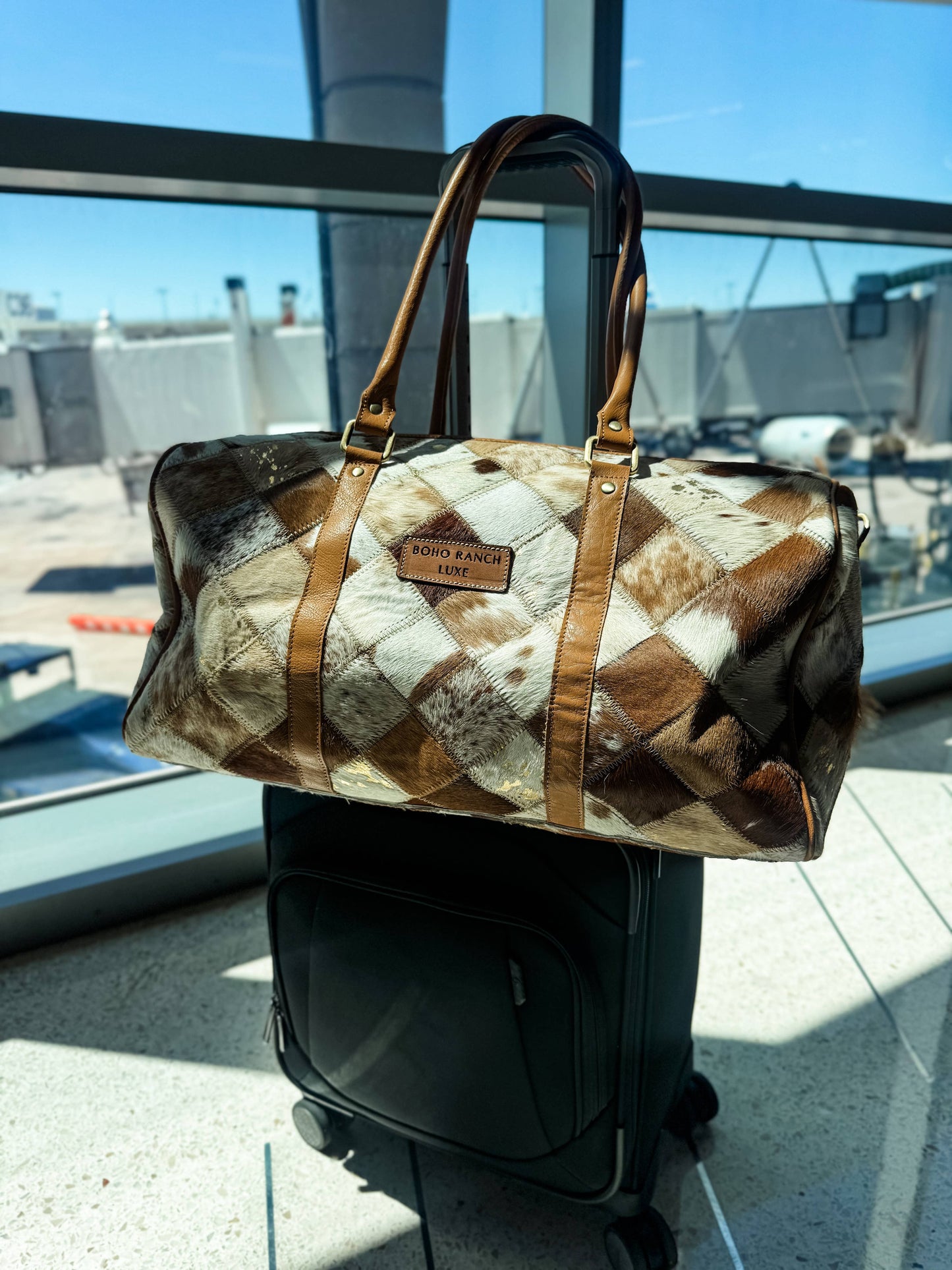 BOHO LUXE DUFFLE Weekender Leather HairOn Cowhide Travel Bag: Tan + White Cowhide