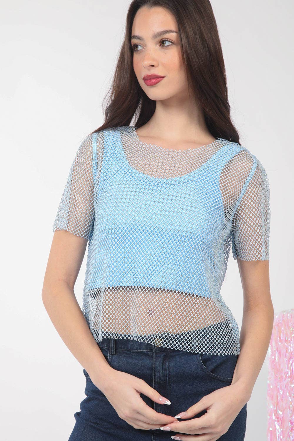 VERY J - NT11519-Jewel Fishnet Crochet Knit Top: Blue / SM-ML/3-3