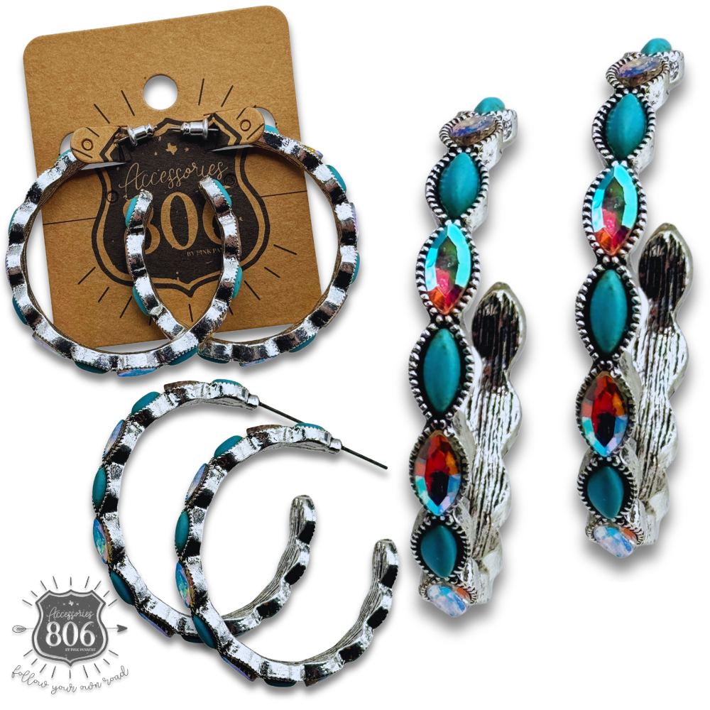 Western rhinestone and stone hoop earring: Turquoise
