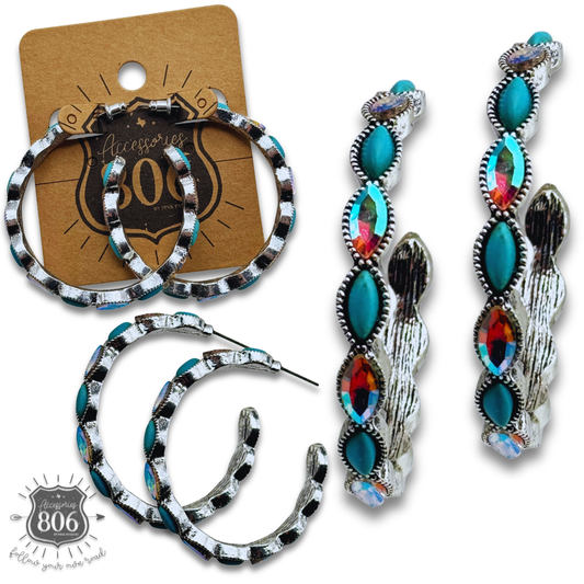 Western rhinestone and stone hoop earring: Turquoise
