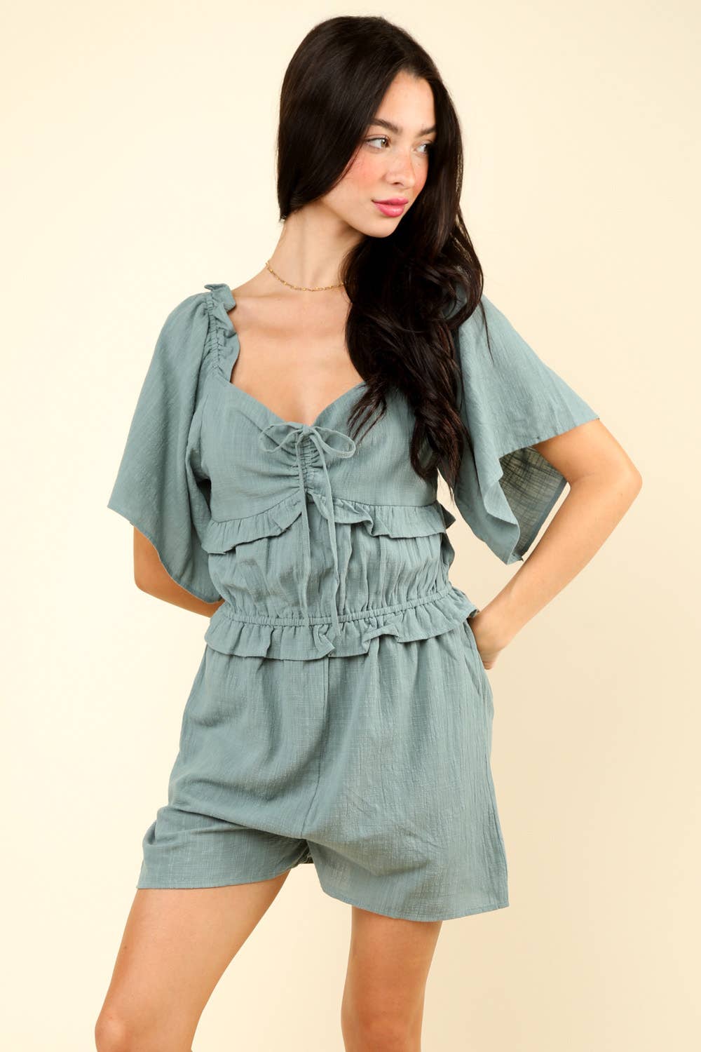 VERY J - NP70350-Sweetheart Neckline Casual Solid Woven Romper: RUST / S-M-L/2-2-2
