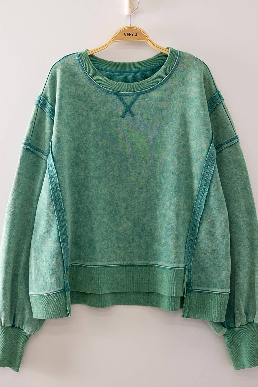 VERY J - NT12764X-PLUS SIZE Vintage Washed Sweatshirt: BLACK / 1XL-2XL-3XL/3-2-1