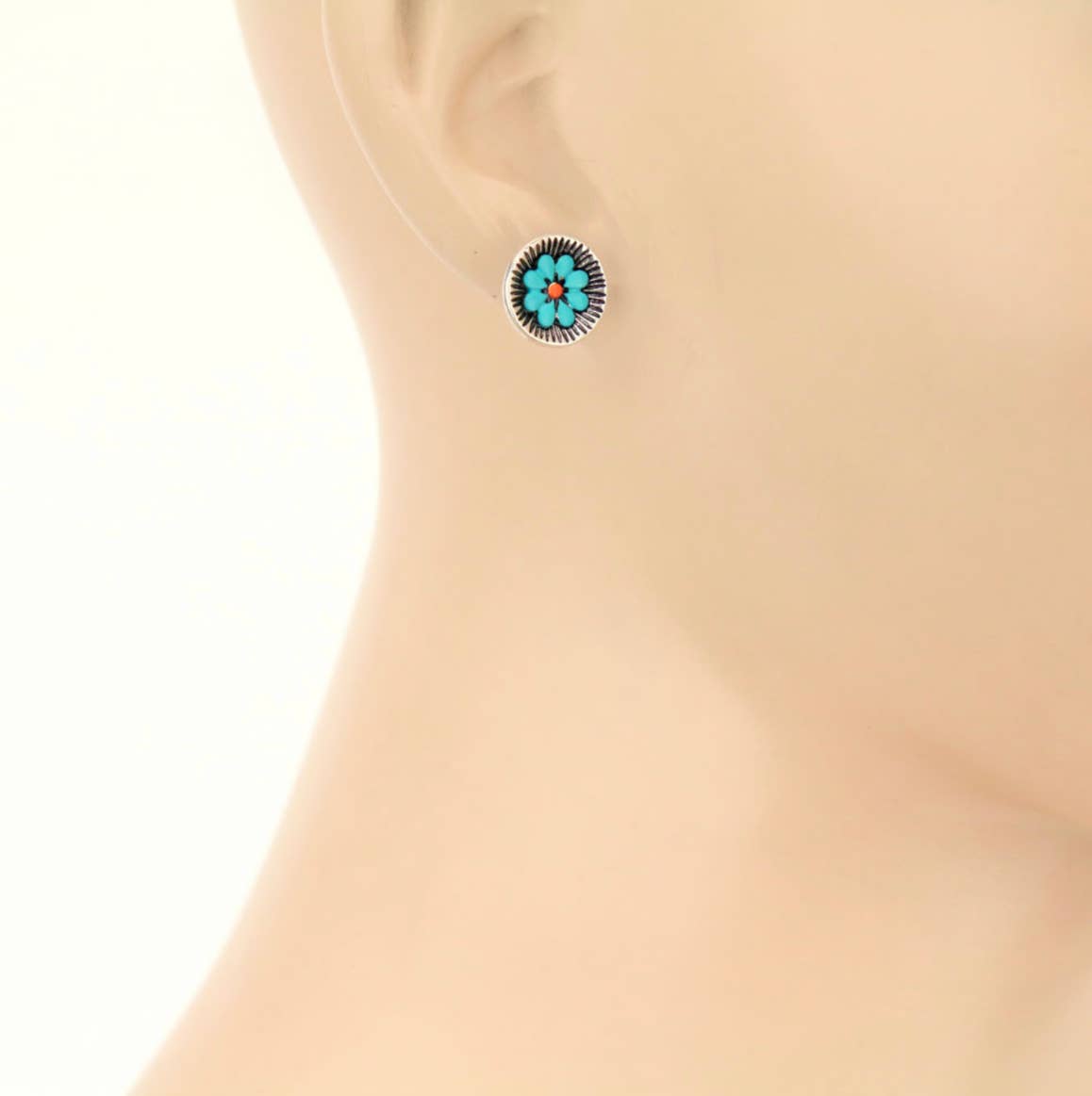 Western Flower Round Stud Earrings: TURQUOISE
