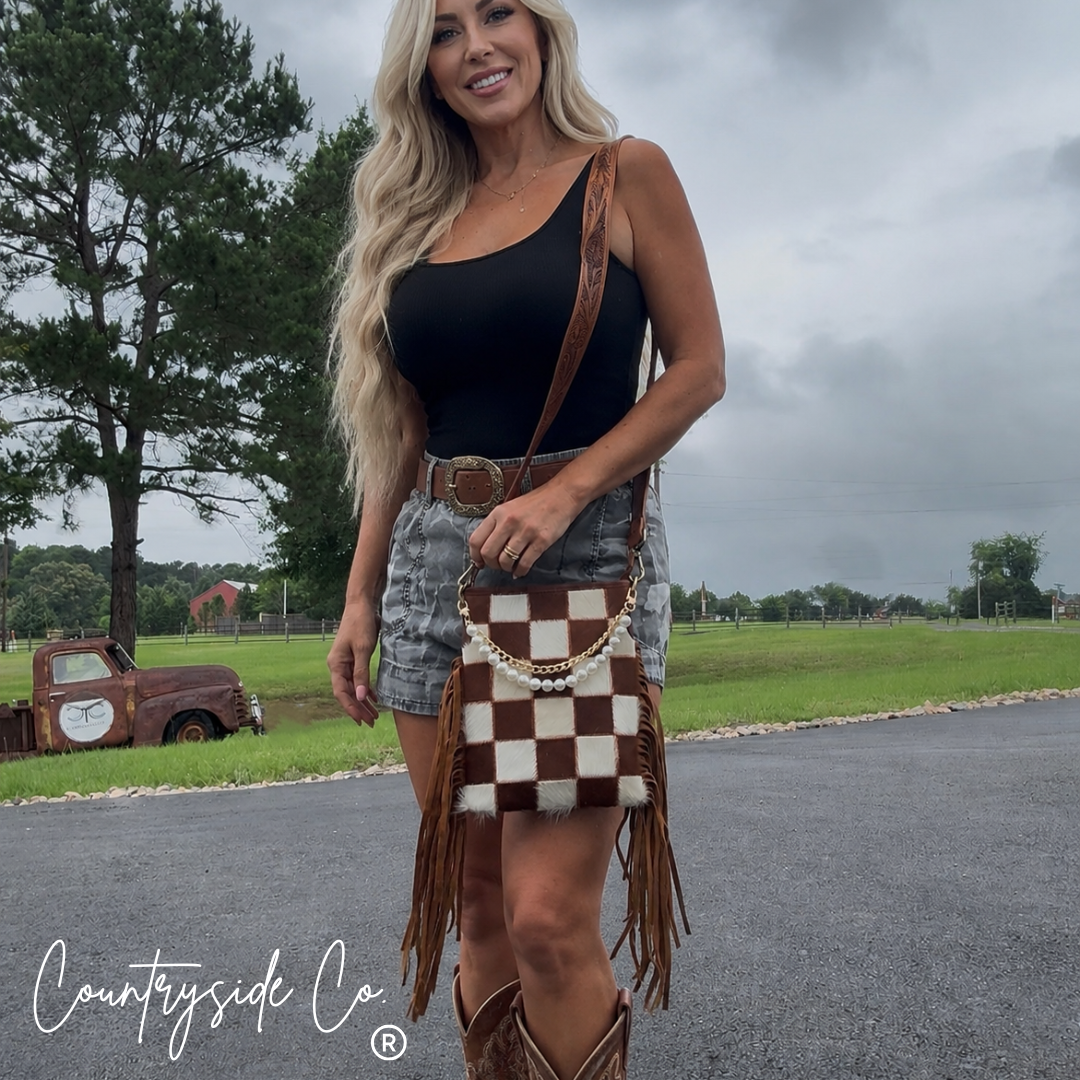 Countryside Co. - Whiskey Luxe Checkered Cowhide Fringe Purse