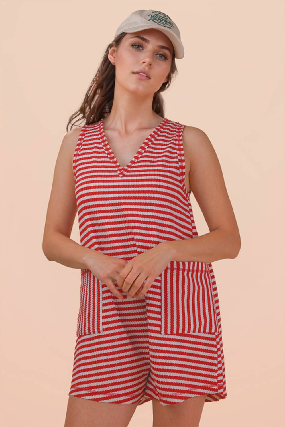 VERY J - NP70744-Striped Knit Casual Comfy Romper: OAT/BLACK / S-M-L/2-2-2