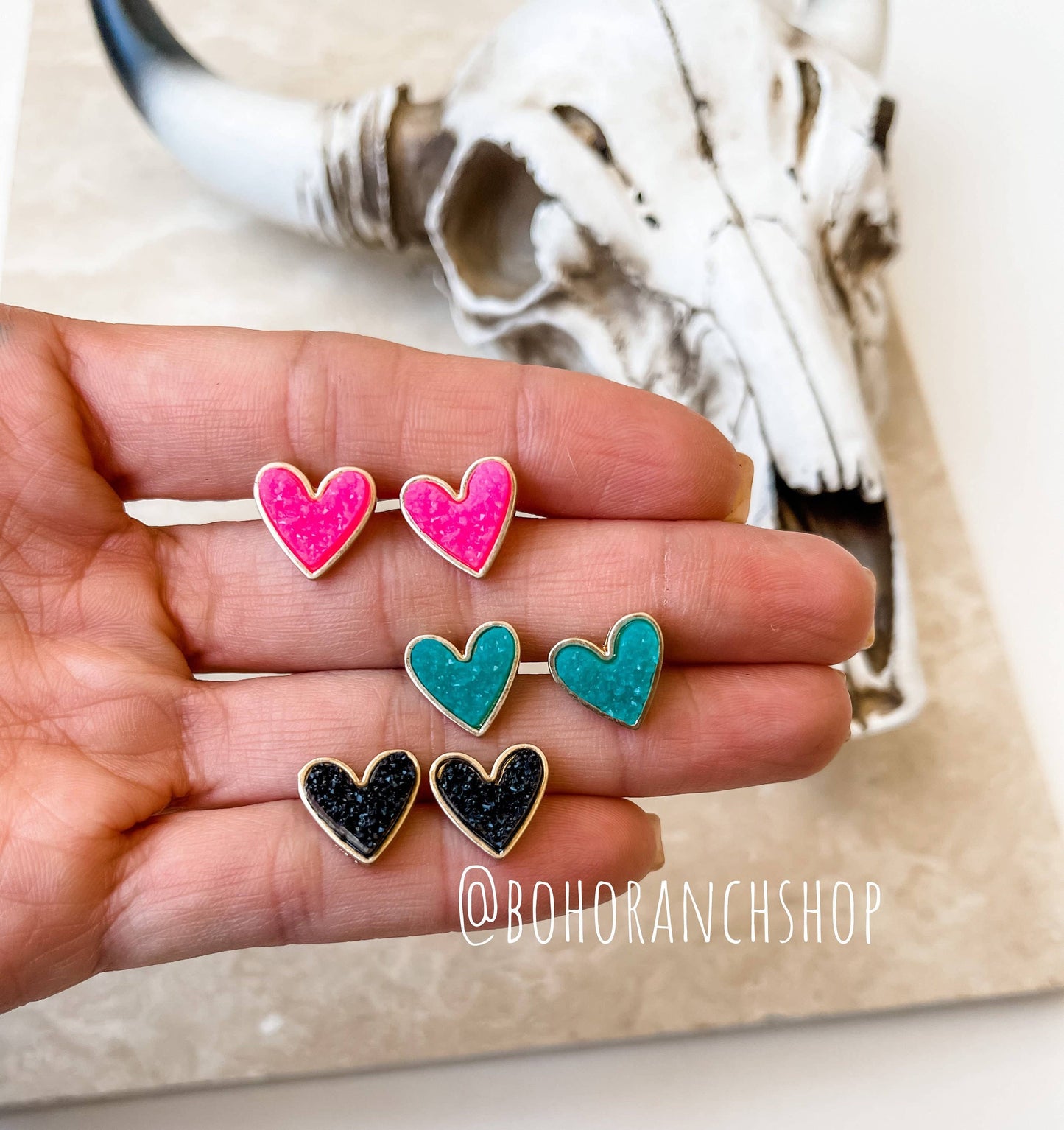 Boho Ranch Shop - Mini Druzy Heart Earrings: Turquoise