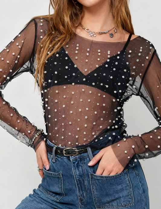 Pearl Rhinestone Studded Mesh Crop Top