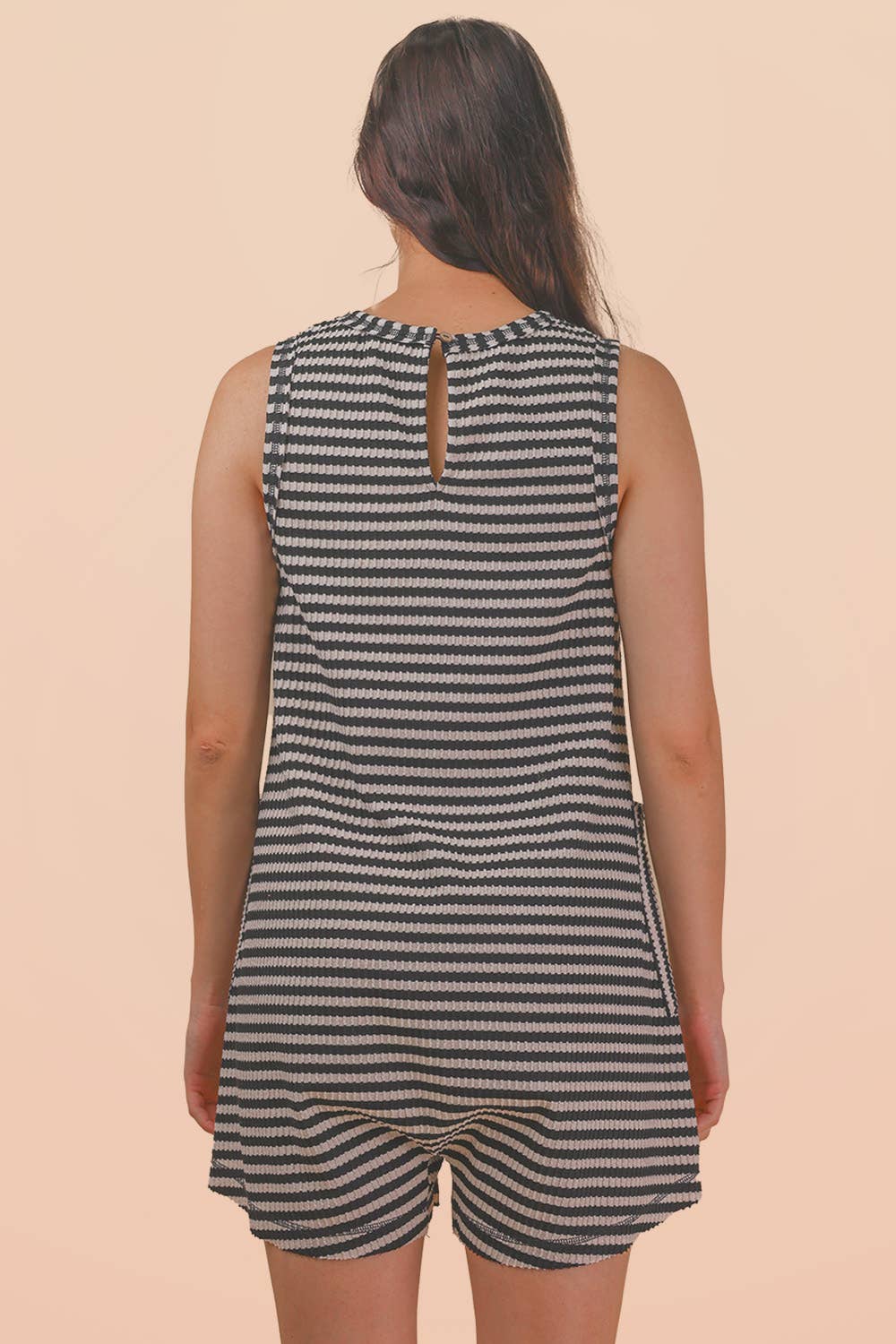 VERY J - NP70744-Striped Knit Casual Comfy Romper: OAT/BLACK / S-M-L/2-2-2