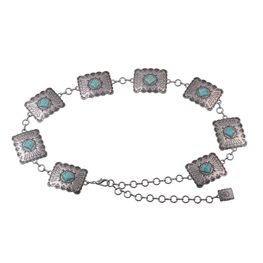 Turquoise Square Concho Chain Belt: Silver