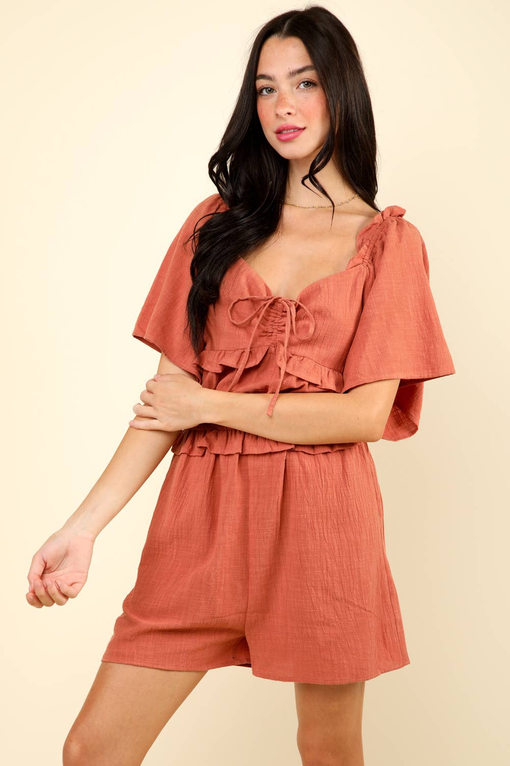 VERY J - NP70350-Sweetheart Neckline Casual Solid Woven Romper: RUST / S-M-L/2-2-2
