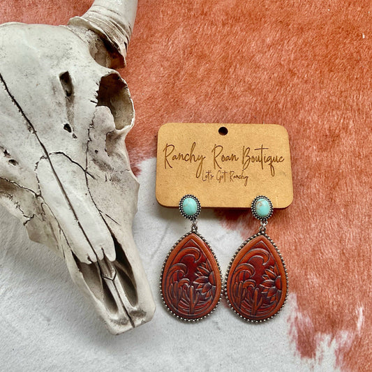 Tooled Leather and Turquoise Teardrop Earrings - TL&TTE