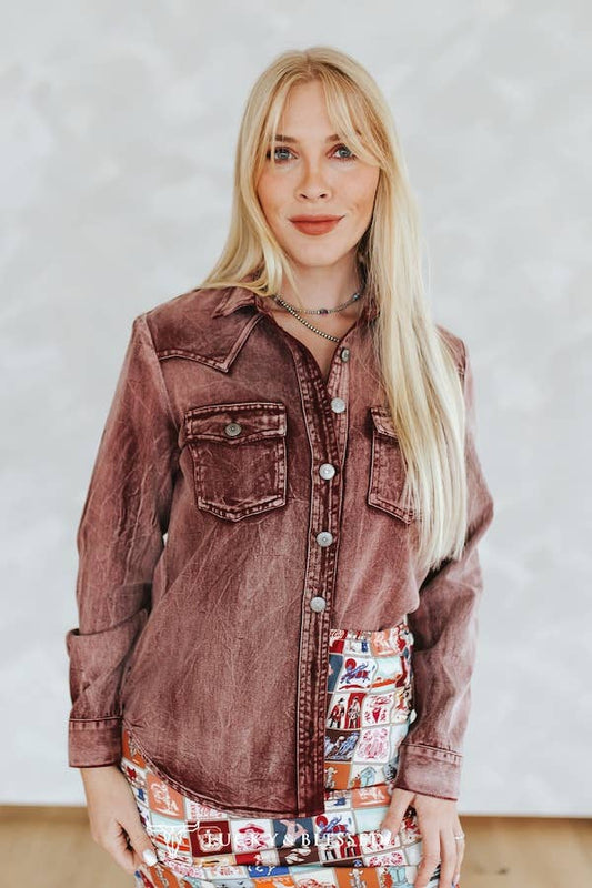Burgundy Washed Button Down Western Shirt