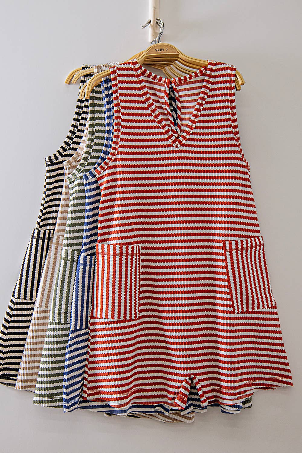 VERY J - NP70744-Striped Knit Casual Comfy Romper: OAT/BLACK / S-M-L/2-2-2