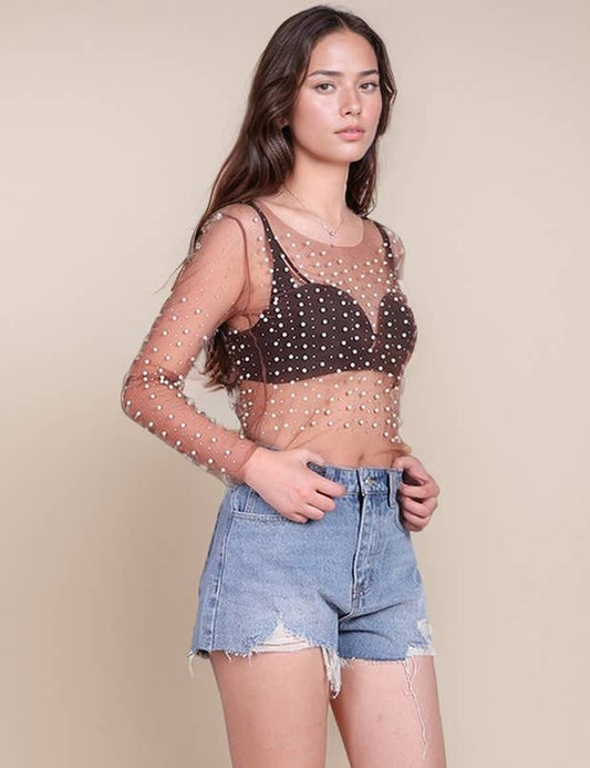 Pearl Rhinestone Mesh Top
