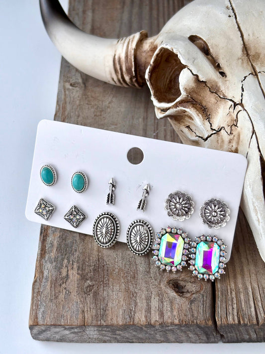 6 Pair Set of Western Style Stud Earrings