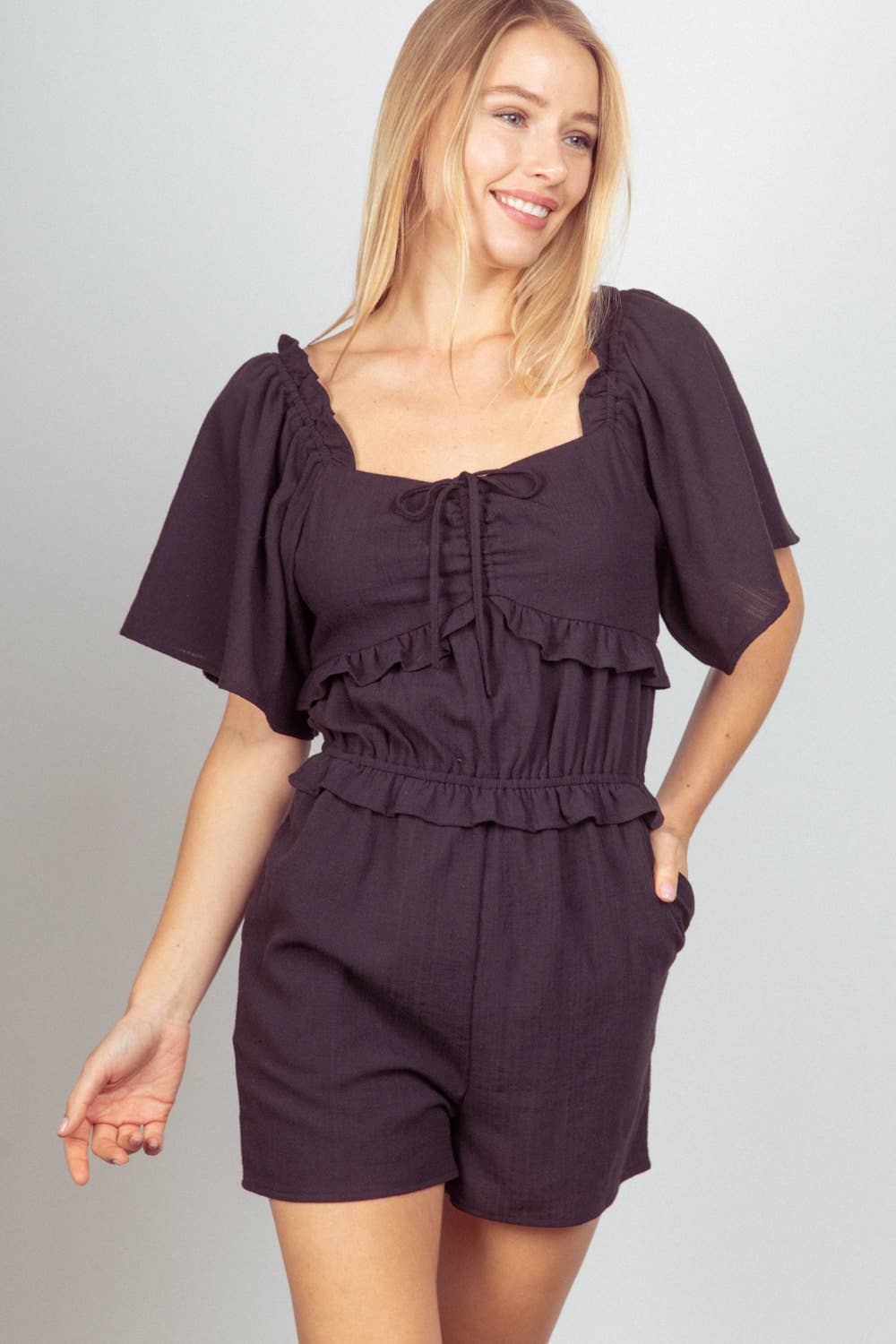 VERY J - NP70350-Sweetheart Neckline Casual Solid Woven Romper: RUST / S-M-L/2-2-2