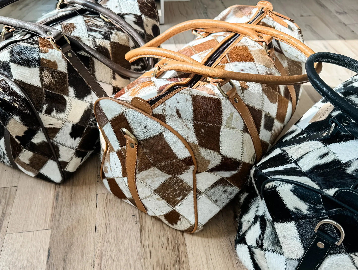 BOHO LUXE DUFFLE Weekender Leather HairOn Cowhide Travel Bag: Tan + White Cowhide