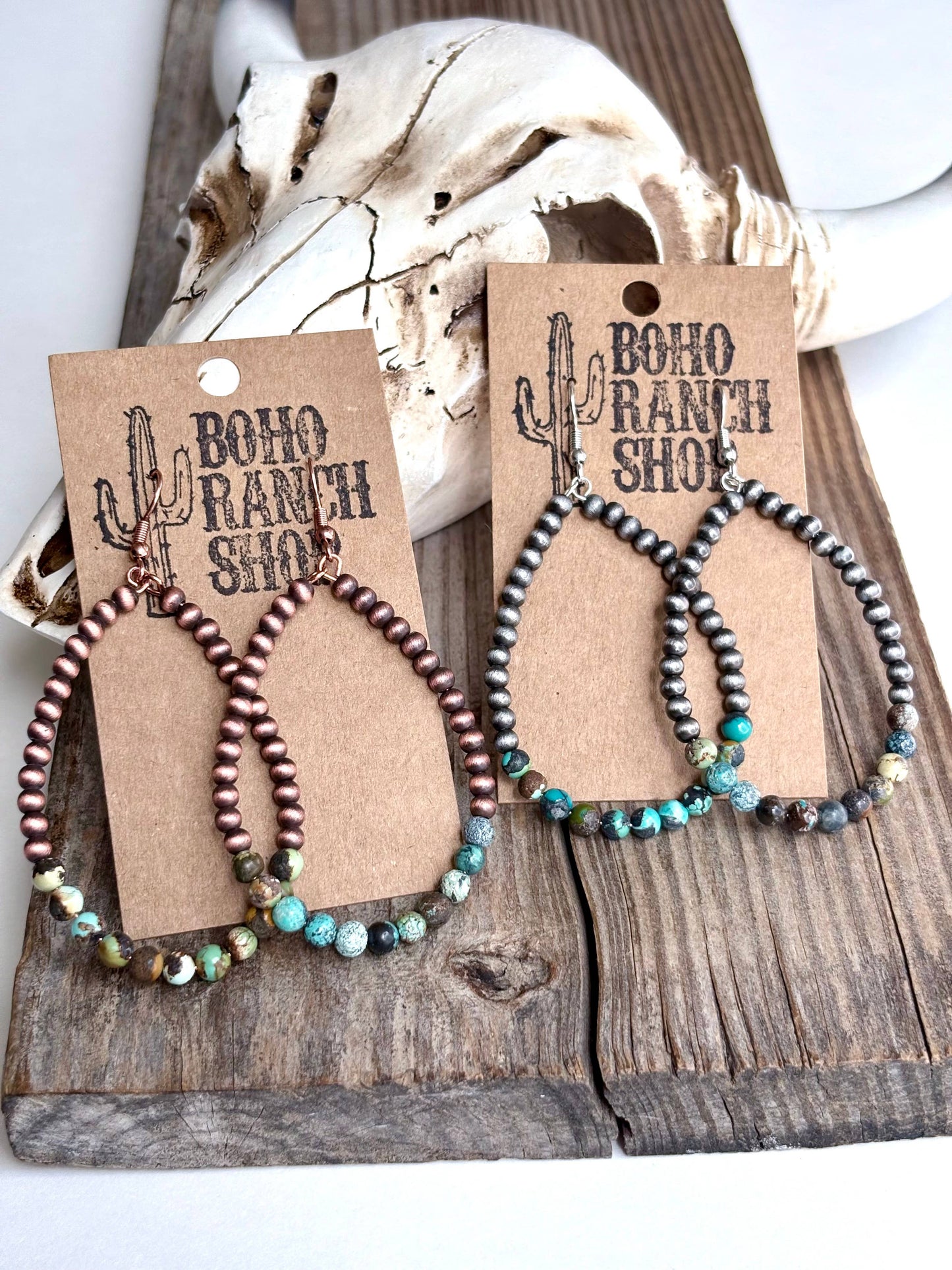 Boho Ranch Shop - Western Navajo Style Pearl Teardrop Hoop Dangle Earrings: Silver