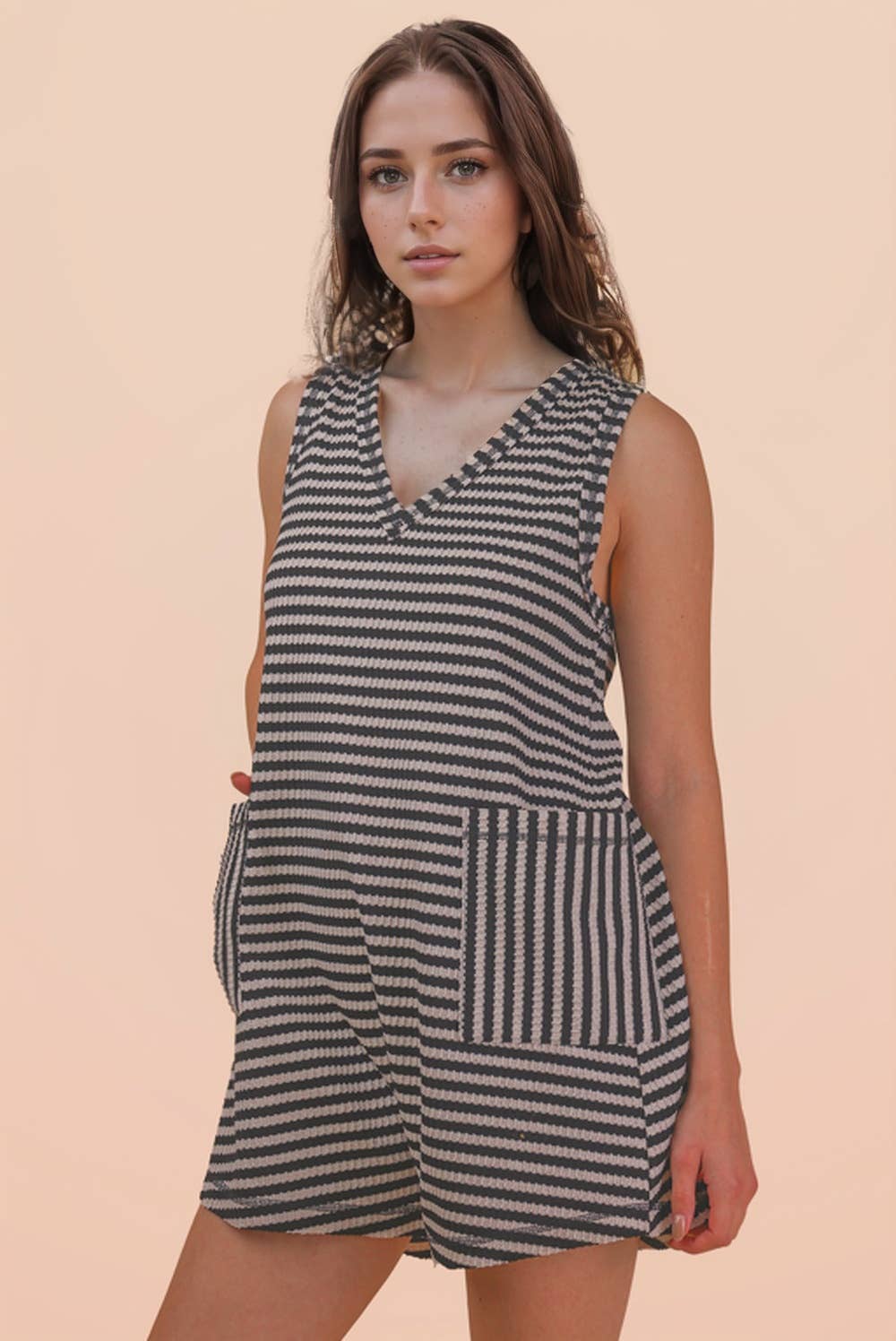 VERY J - NP70744-Striped Knit Casual Comfy Romper: OAT/BLACK / S-M-L/2-2-2