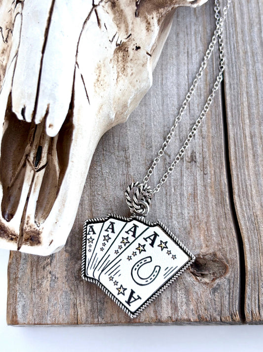 Western Style Theme Leather Pendant Link Chain Necklace: Card
