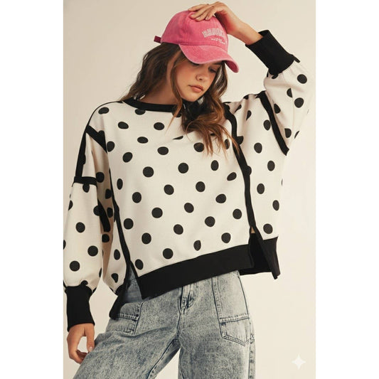 Ivory Polka Dot Loose Fit Top With Slits