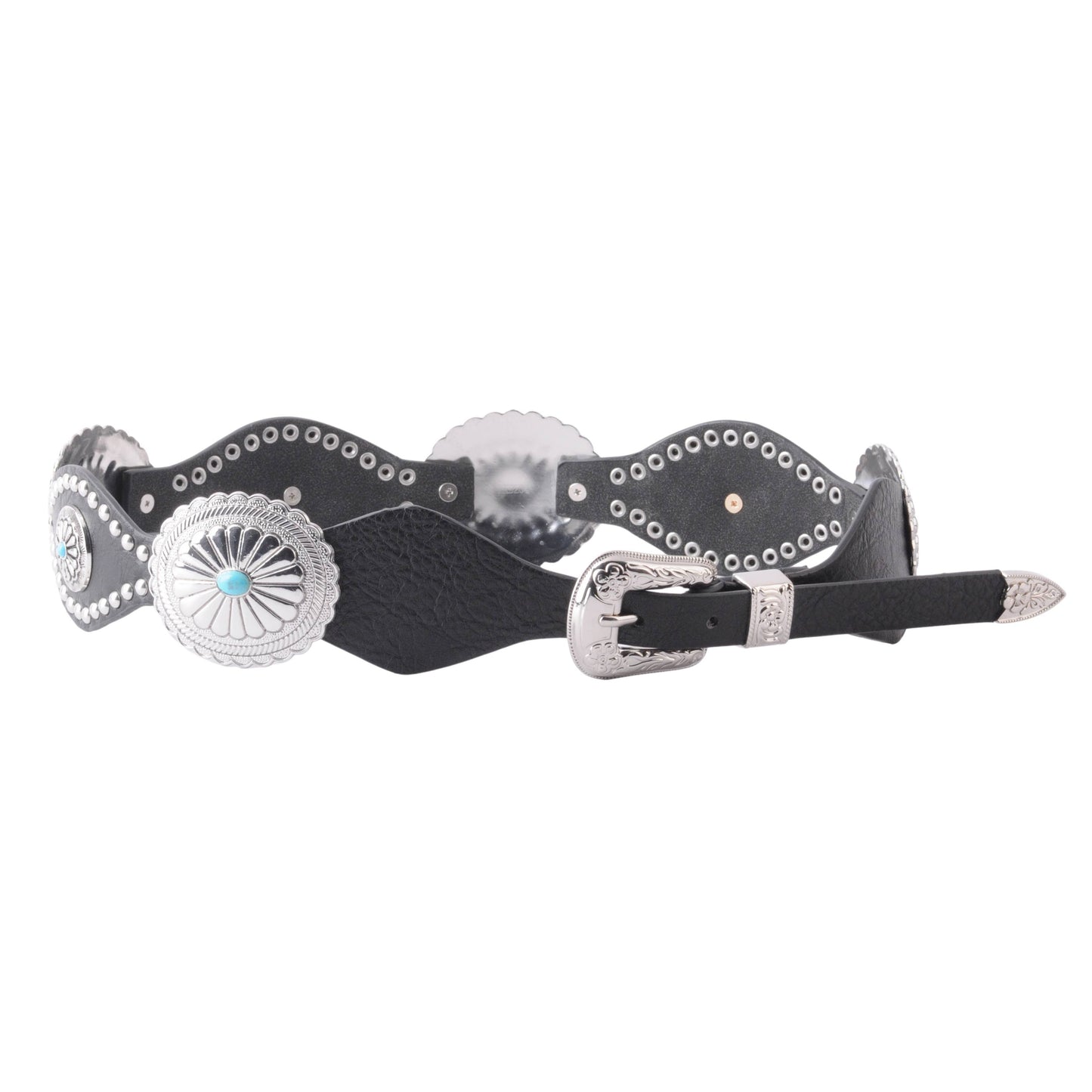 Most Wanted USA - Maximalist Silver Concho Western Buckle Leather Belt: Black / ML