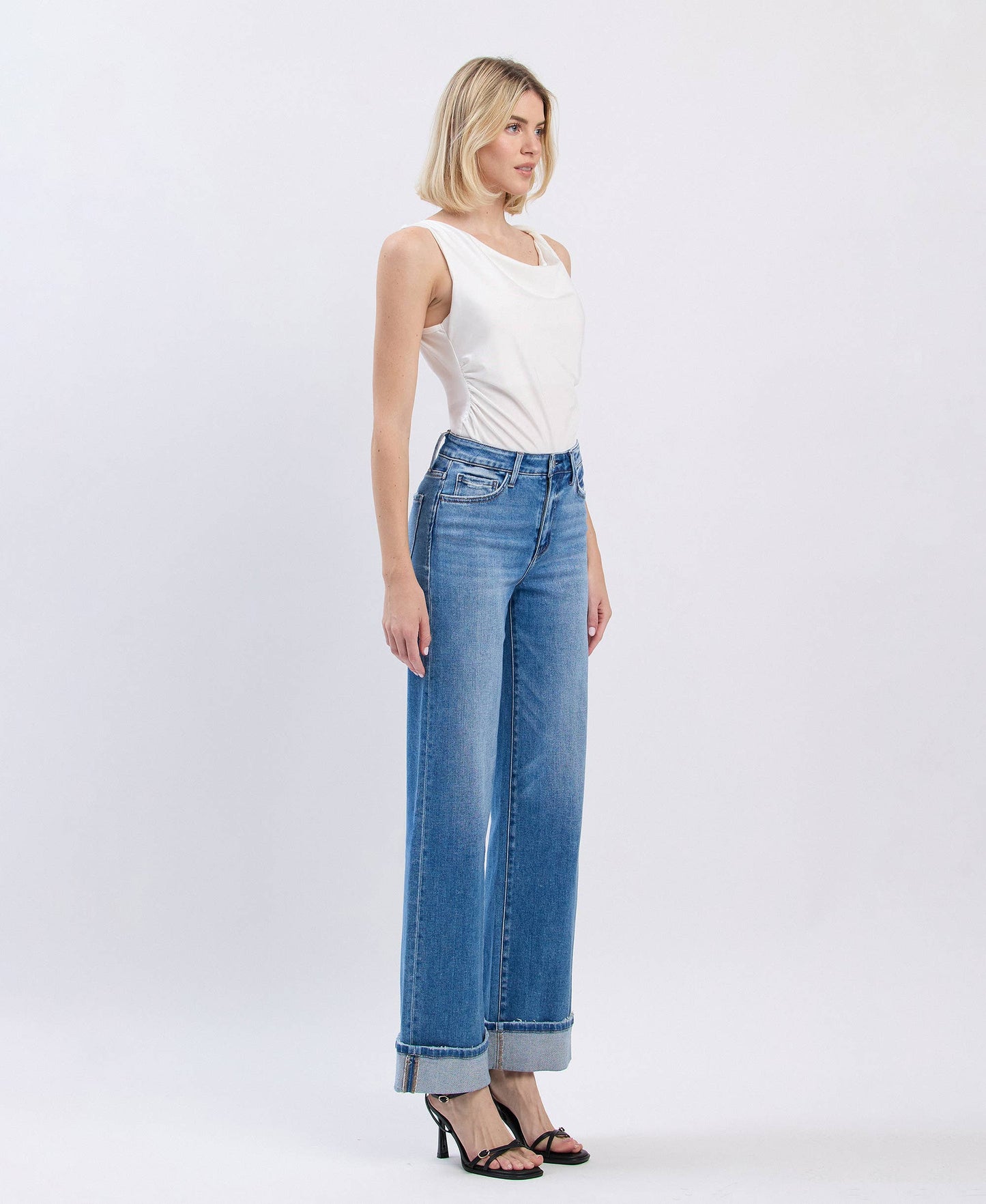 Westbury - High Rise Medium Wash Cuffed Wide Leg