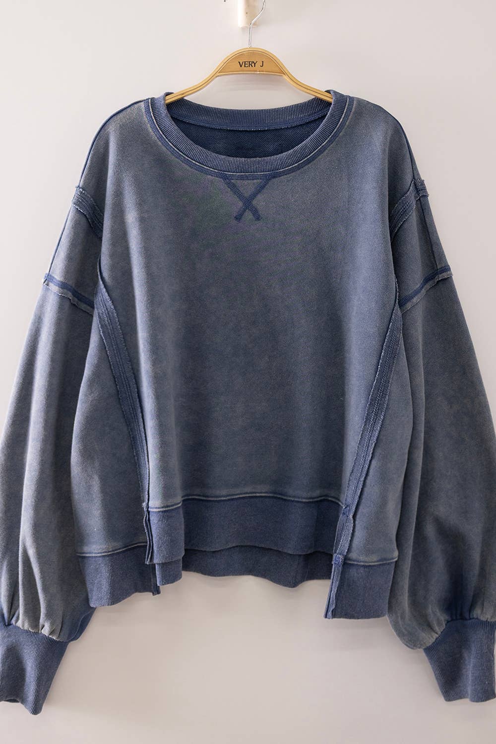 VERY J - NT12764X-PLUS SIZE Vintage Washed Sweatshirt: BLACK / 1XL-2XL-3XL/3-2-1